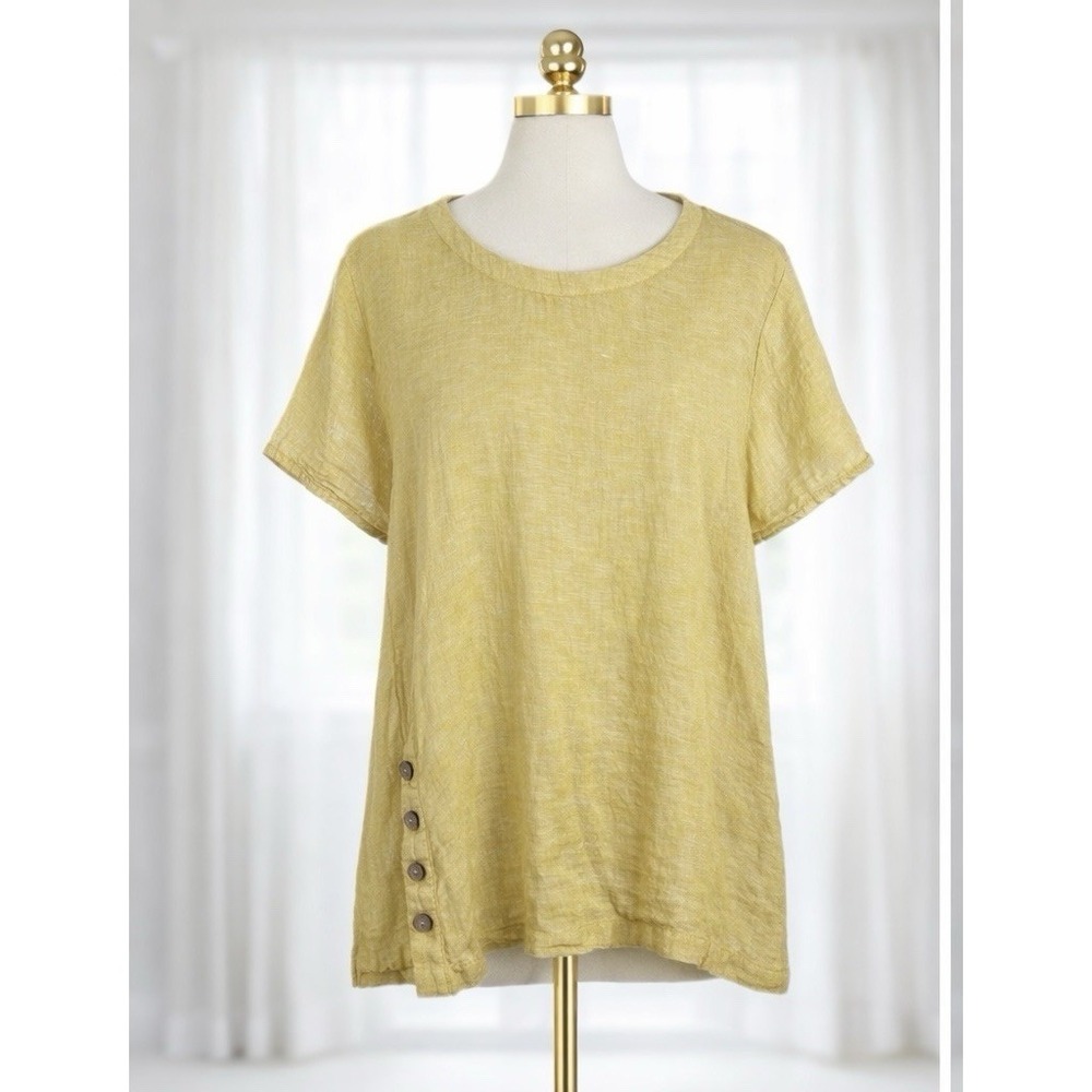 Cynthia Rowley 100% Linen Popiver Top XL Button Accent Butter Yellow